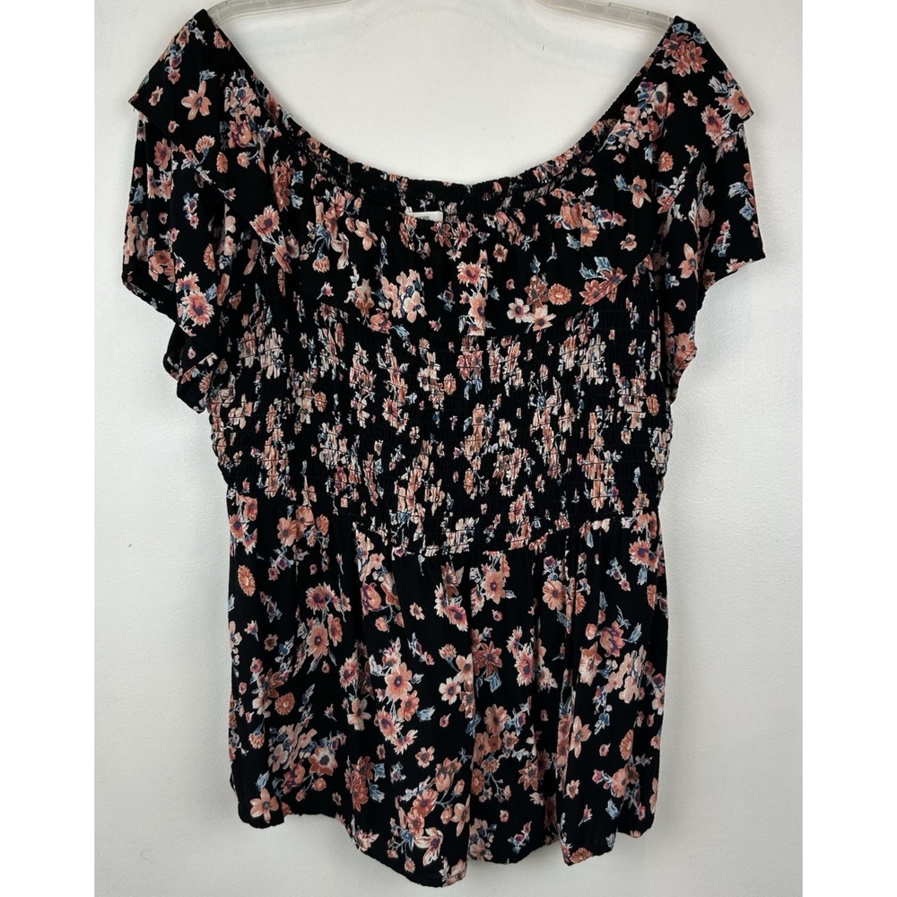 Babydoll Top Womens XL Floral Milkmaid Smocked Black Boho Peasant Ruffle